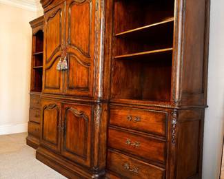 Hickory white collection by Sherrill Furniture entertainment unit is 89 inches tall, 26 inches deep  at center, with two side pieces that are 18" deep...111" wide or 9' 3" total of all 3 pieces... The side pieces are 78 inches tall.