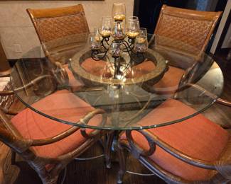 Rattan and glass top table & 4 chairs