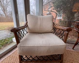 Bamboo Lattice Club Chair -- Some Damage and Needs New Cushions. 