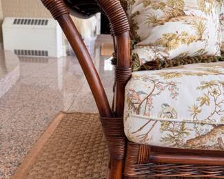 Bamboo and Rattan Three-Seat Sofa Upholstered in French Chinoiserie Toile Fabric. Measures 82" W x 40" D. Photo 2 of 4. 