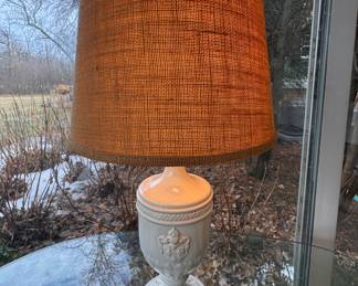 Porcelain Table Lamp with Linen Shade. Measures 23" H. 
