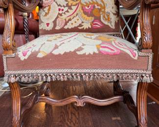 Needlepoint Upholstered Antique Louis XV Style Armchair with Fringe Trim. Measures 26" W x 30" D. Photo 3 of 7.