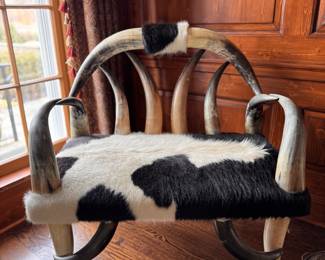 Texas Steer Horn Chair Upholstered In Cowhide. Measures 38" W x 26" D with 19" Seat Height. Photo 1 of 4. 