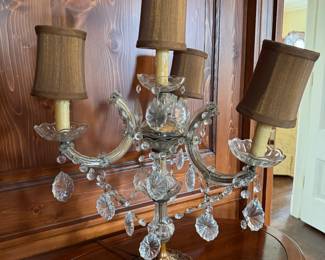 Four Candle Brass Candelabra Table Lamp with Light Brown Shades. 