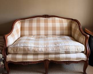 Antique French Provencial-Style Louis XV Style Settee Upholstered in Buffalo Check Plaid. Photo 2 of 3. 