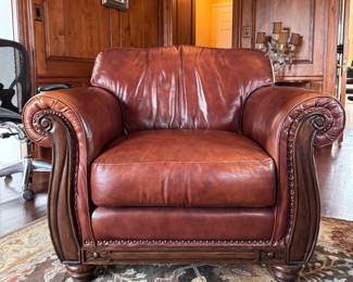 Pair of Leather Club Chairs with Mahogany Frame and Nailhead Trim. Matching Ottoman Available, Too.  Each Chair Measures 40" W x 38" D. Photo 2 of 8. 