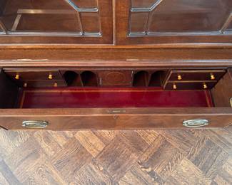 Irwin Flame Mahogany Bookcase / Cabinet with Leather Drop Front Writing Surface. Measures 74" W x 93" H x 16" D. Photo 2 of 5. 