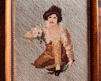 "Woman with Rabbit" Framed Needlepoint Portrait. Measures 8.4" x 11" Overall. 