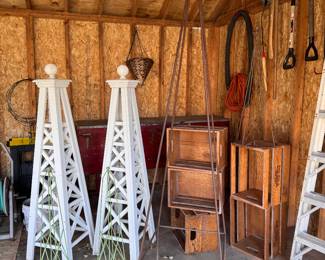 Garden Trellises; Wood Crates, Garden Tools. 