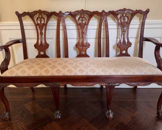 Reproduction Chippendale Style Mahogany Three Seat Settee. Measures 64" W x 20" D with 20" Seat Height. Photo 1 of 5. 
