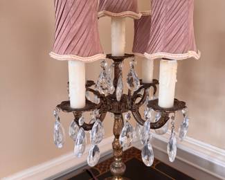 Four Candle Brass Candelabra Table Lamp with Rose Pink Shades. Photo 1 of 2. 