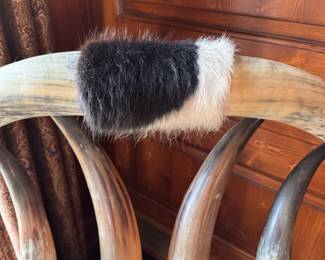 Texas Steer Horn Chair Upholstered In Cowhide. Measures 38" W x 26" D with 19" Seat Height. Photo 3 of 4. 