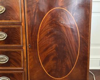 Irwin Flame Mahogany Bookcase / Cabinet with Leather Drop Front Writing Surface. Measures 74" W x 93" H x 16" D. Photo 4 of 5. 