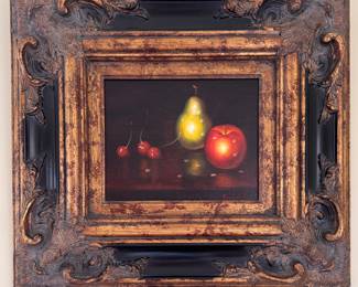 Still Life with Pear, Apple and Cherries. Signed By Artist. Measures 8" x 10"; 18" x 20" Overall. Photo 1 of 2. 