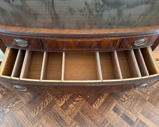 Drop Leaf Federal Style Buffet After Hepplewhite Design. Measures 56" W as Shown x 18" D x 34" H with Two 7.5" Drop Down Sides. Has Removable Inserts in Both Drawers. Photo 3 of 4. 