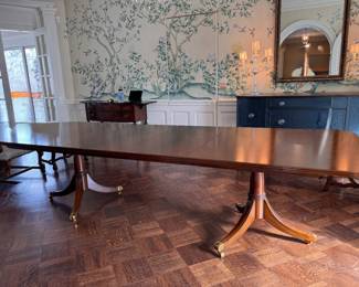 Georgian Style Flame Mahogany Double Pedestal Dining Table with Custom Pads. Table Measures 80" W x 40" D x 30" H with 28.5" Clearance. It's Pictured with Two Leaves. Photo 1 of 5. 