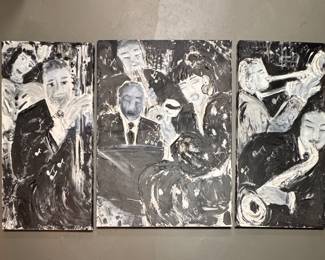 Jazz Triptych Signed by Artist K. Patrick. Two Outer Panels Measure 24" x 48". The Middle Panel Measures 
36" W x 48" H. Photo 1 of 2. 
