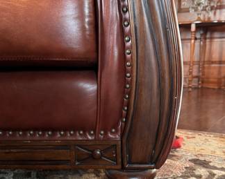 Pair of Leather Club Chairs with Mahogany Frame and Nailhead Trim. Matching Ottoman Available, Too.  Each Chair Measures 40" W x 38" D. Photo 4 of 8. 