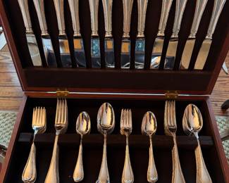 Christofle Rubans 5-Piece Silverplate Placesettings for 12 Plus 4 Serving Pieces in Case. 