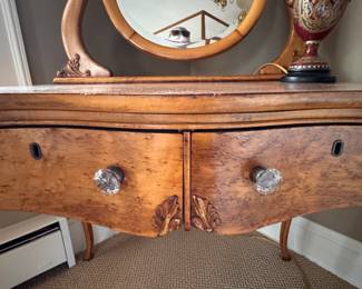 Vintage Bird's Eye Maple Vanity Paired with Vintage Bamboo Chair. Vanity Measures 35" W x 21" D x 30" H.  Photo 3 of 5. 