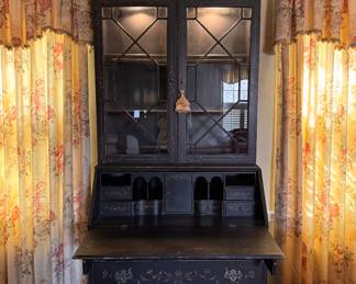 Ethan Allen Newport Liliana Chinoiserie Decretary Desk in Black Lacquer and Hand-Painted Gold Finish. Has Interior Lighting. Measures 38" W x 20" D x 85" H. Photo 1 of 5. 