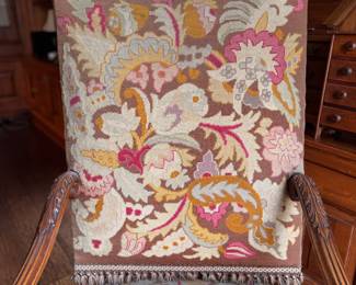 Needlepoint Upholstered Antique Louis XV Style Armchair with Fringe Trim. Measures 26" W x 30" D. Photo 2 of 7. 