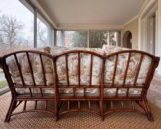 Bamboo and Rattan Three-Seat Sofa Upholstered in French Chinoiserie Toile Fabric. Measures 82" W x 40" D. Photo 4 of 4. 