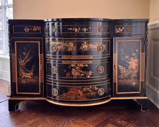 Union National Black Lacquer Chinoiserie Buffet / Cabinet. Measures 52" W x 20" D x 34" H. Photo 1 of 9. 