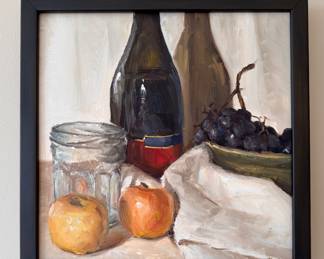Still Life with Wine, Apples and Red Grapes. Measures 16" x 16" Overall. 