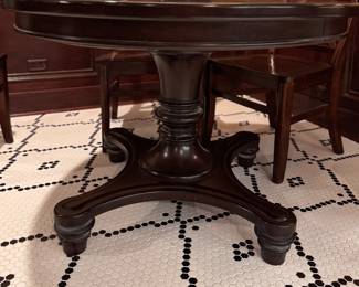 Pedestal Mahogany Finish Dining / Game Table and Set of 5 Chairs. Table Measures 45" D x 30" H with 27" Clearance. Chairs Measure 21" W x 20" D with 18" H. Photo 2 of 3. 