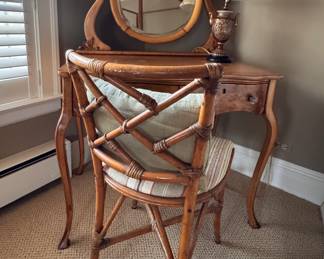 Vintage Bird's Eye Maple Vanity Paired with Vintage Bamboo Chair. Vanity Measures 35" W x 21" D x 30" H. Photo 1 of 5. 