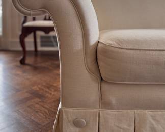 Camelback Sofa Upholstered in Cotton/Linen Blend with Pleated Skirt & Button Detail. Measures 84" W X 34" D. Photo 4 of 4. 