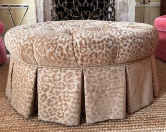 Tufted Leopard Print Upholstered Ottoman with Tufted Skirt. Measures 37" D x 16" H. Photo 1 of 2. 