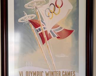 VI Olympic Winter Games Poster, Oslo 1952 Official Poster. Designer –Knut Yran. Measures 32" x 43" Framed Overall. 