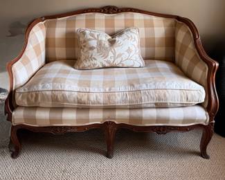 Antique French Provencial-Style Louis XV Style Settee Upholstered in Buffalo Check Plaid. Photo 1 of 3. 