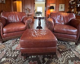 Pair of Leather Club Chairs with Mahogany Frame and Nailhead Trim. Matching Ottoman Available, Too.  Each Chair Measures 40" W x 38" D. Photo 1 of 8. 