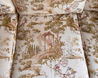 Bamboo and Rattan Three-Seat Sofa Upholstered in French Chinoiserie Toile Fabric. Measures 82" W x 40" D. Photo 3 of 4. 