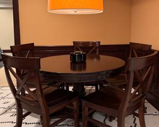 Pedestal Mahogany Finish Dining / Game Table and Set of 5 Chairs. Table Measures 45" D x 30" H with 27" Clearance. Chairs Measure 21" W x 20" D with 18" H. Photo 1 of 3. 