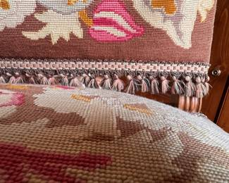 Needlepoint Upholstered Antique Louis XV Style Armchair with Fringe Trim. Measures 26" W x 30" D. Photo 4 of 7.