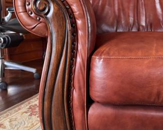 Pair of Leather Club Chairs with Mahogany Frame and Nailhead Trim. Matching Ottoman Available, Too.  Each Chair Measures 40" W x 38" D. Photo 3 of 8. 