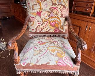 Needlepoint Upholstered Antique Louis XV Style Armchair with Fringe Trim. Measures 26" W x 30" D. Photo 1 of 7. 
