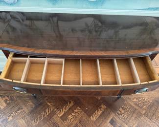 Drop Leaf Federal Style Buffet After Hepplewhite Design. Measures 56" W as Shown x 18" D x 34" H with Two 7.5" Drop Down Sides. Has Removable Inserts in Both Drawers. Photo 4 of 4. 