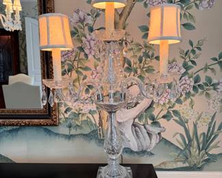 Pair of Three-Arm Crystal Candelabra Table Lamps. Each Measures 28" H. 