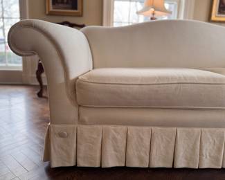 Camelback Sofa Upholstered in Cotton/Linen Blend with Pleated Skirt & Button Detail. Measures 84" W X 34" D. Photo 3 of 4. 