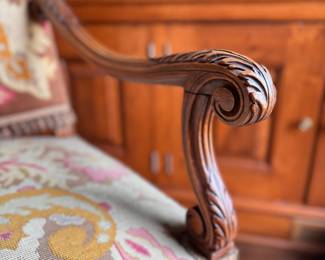 Needlepoint Upholstered Antique Louis XV Style Armchair with Fringe Trim. Measures 26" W x 30" D. Photo 5 of 7. 