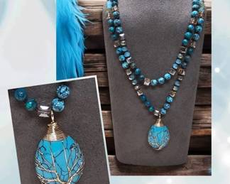 Boho Turquoise Inspired Tree Of Life Pendant With Natural Stones Layered Or Sweater Necklace