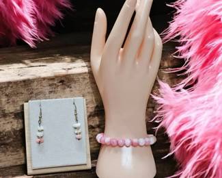 Rhodonite Bracelet Pink Opal With Conch Shell Drop Earrings