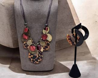Leopard Shaky Disc Bib Necklace Tortoise Shell Open Hoop Earrings 