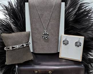 Black Silver Tone Jewelry Set  Necklace, Earrings  Bangle Bracelet