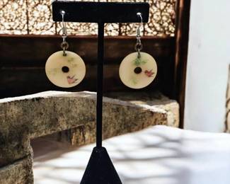 Vintage HandPainted Scrimshawed Asian Inspired Earrings